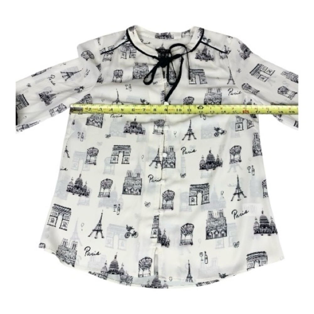 Talbot's Paris Print Tie Front Blouse Ivory Black Sketch Print Size XS P - Picture 7 of 12